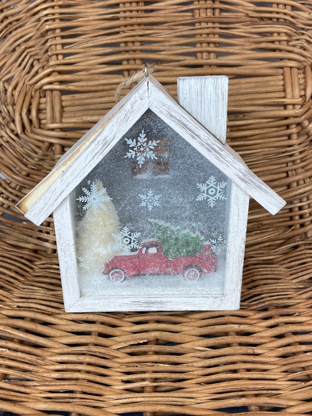 Vintage Christmas - Wood Snow Globe style House with Red Truck Christmas Tree